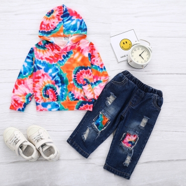 

LW COTTON Girl Material Series Tie-dye Ripped Pants Set, Pink
