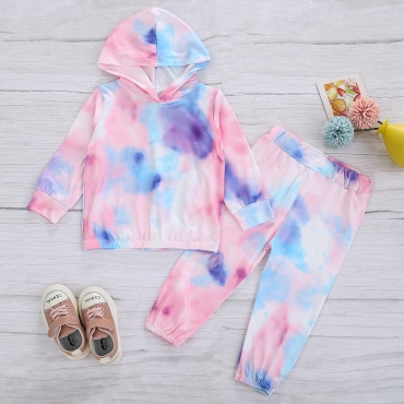 

LW COTTON Girl Hooded Collar Tie-dye Pants Set, Pink