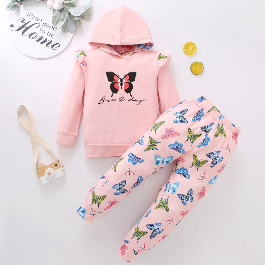 

LW COTTON Girl Hooded Collar Butterfly Print Pants Set, Pink