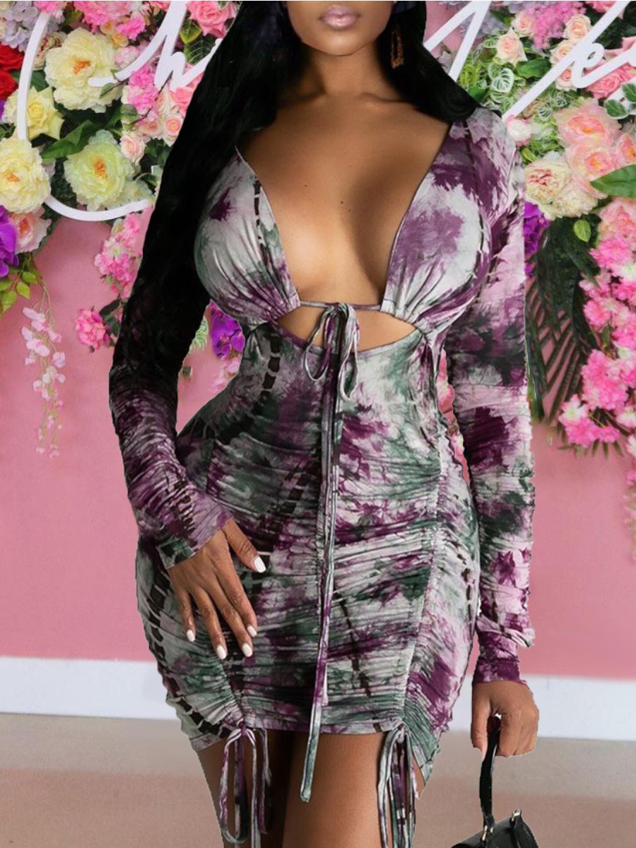 

LW SXY Backless Tie-dye Drawstring Bodycon Dress, Purple
