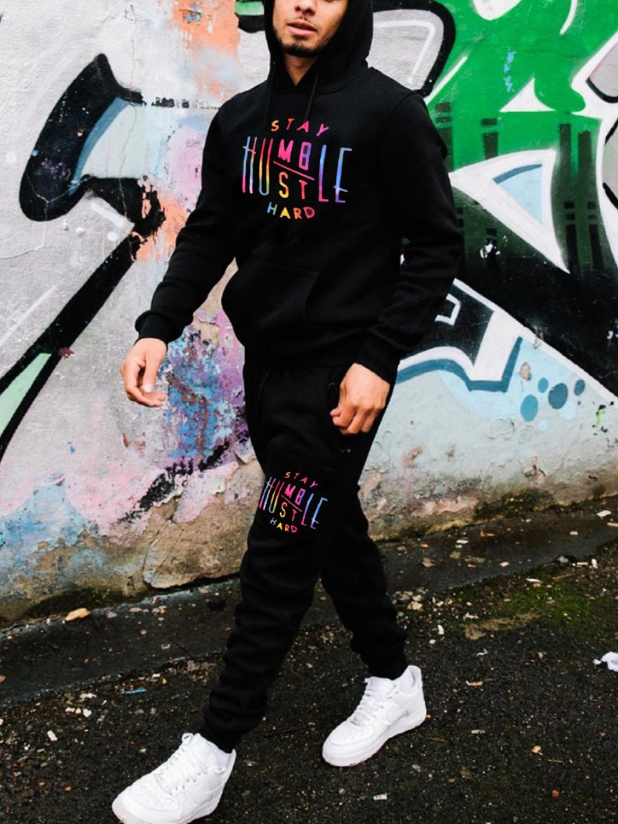

LW Men Gradient Letter Print Pants Set, Black