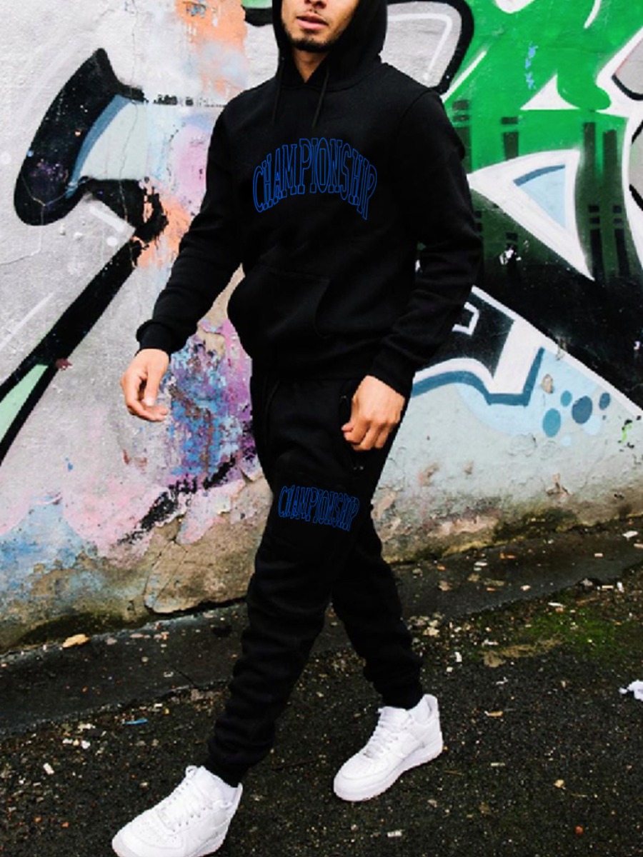 

LW Men Hooded Collar Letter Print Pants Set, Black