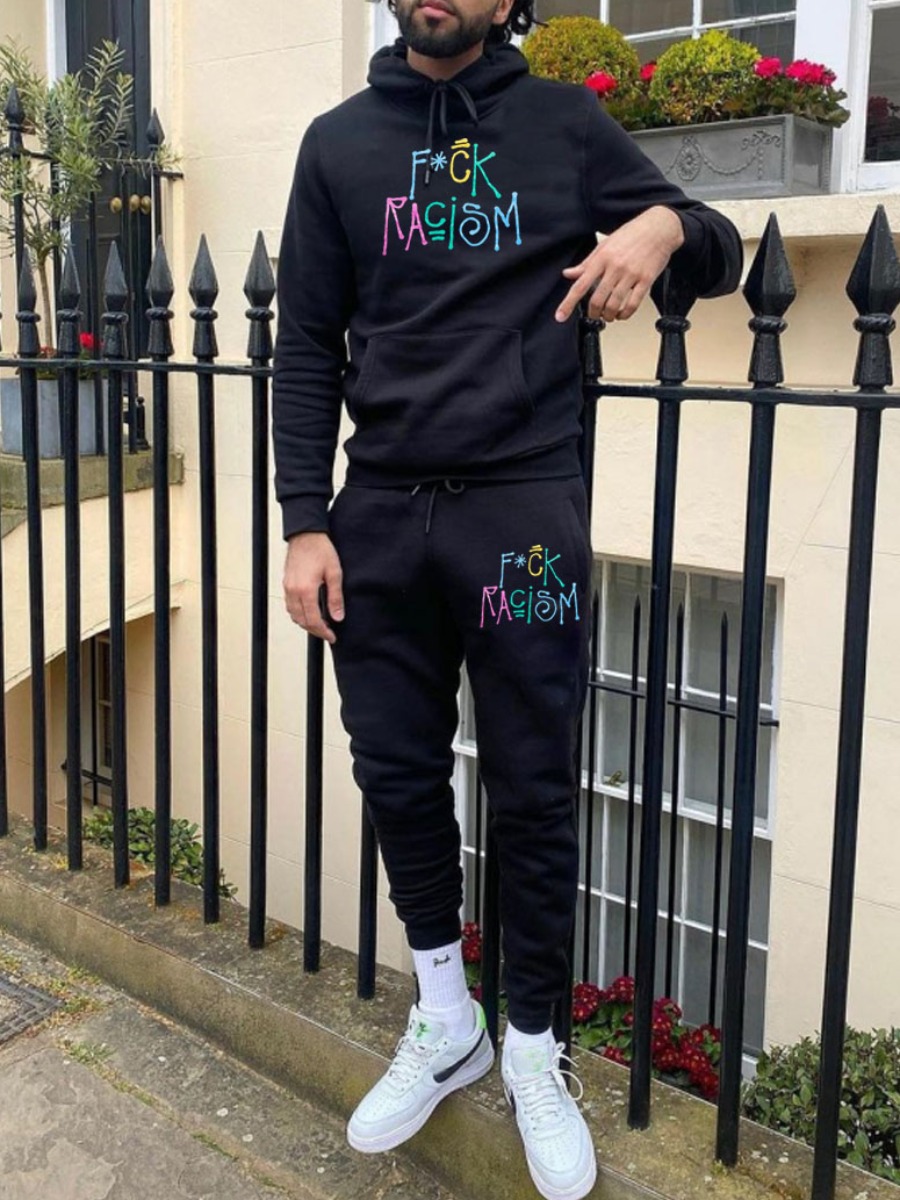 

LW Men Hooded Collar Letter Print Pants Set, Black