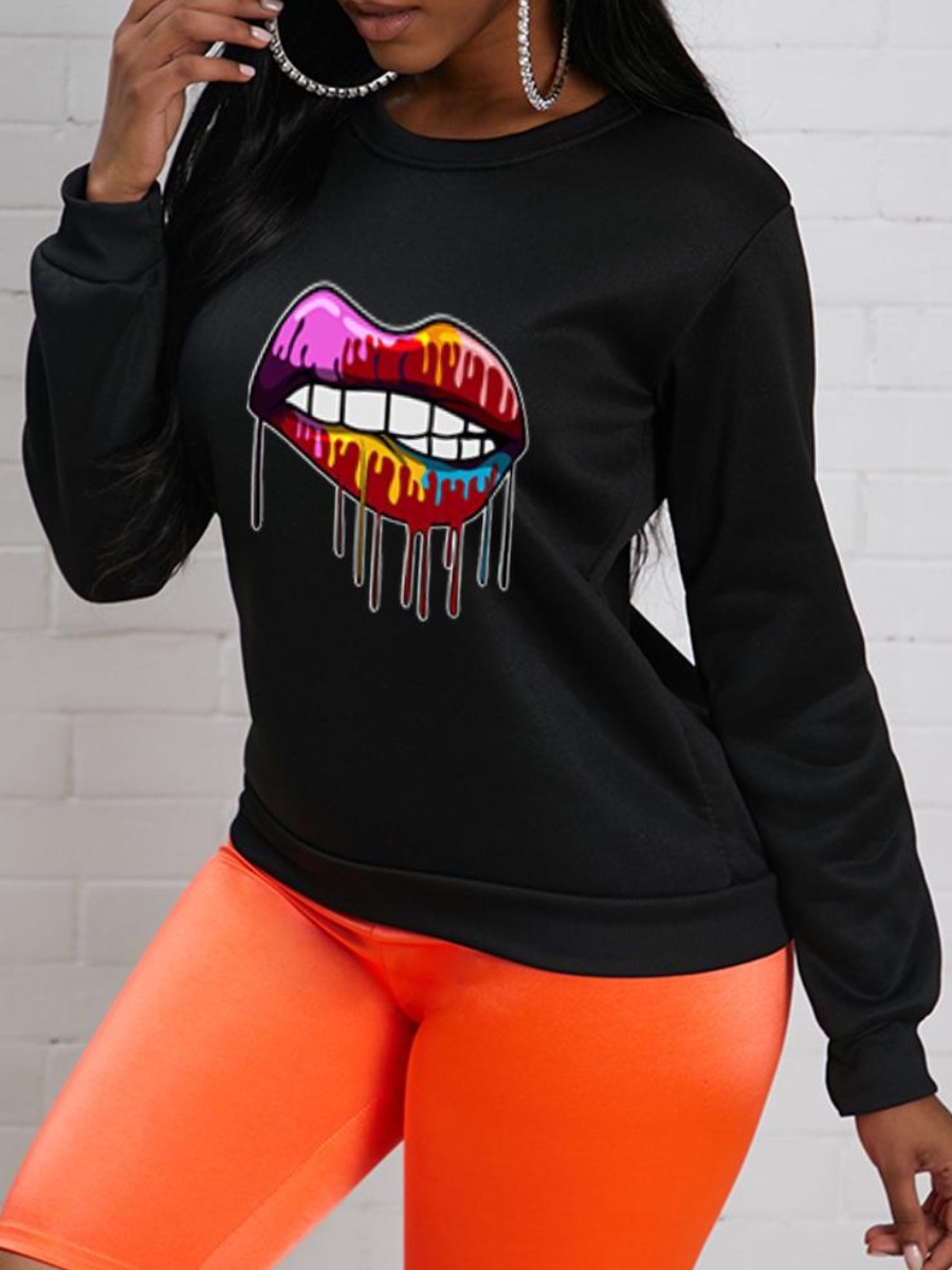 

LW Round Neck Lip Print Hoodie, Black