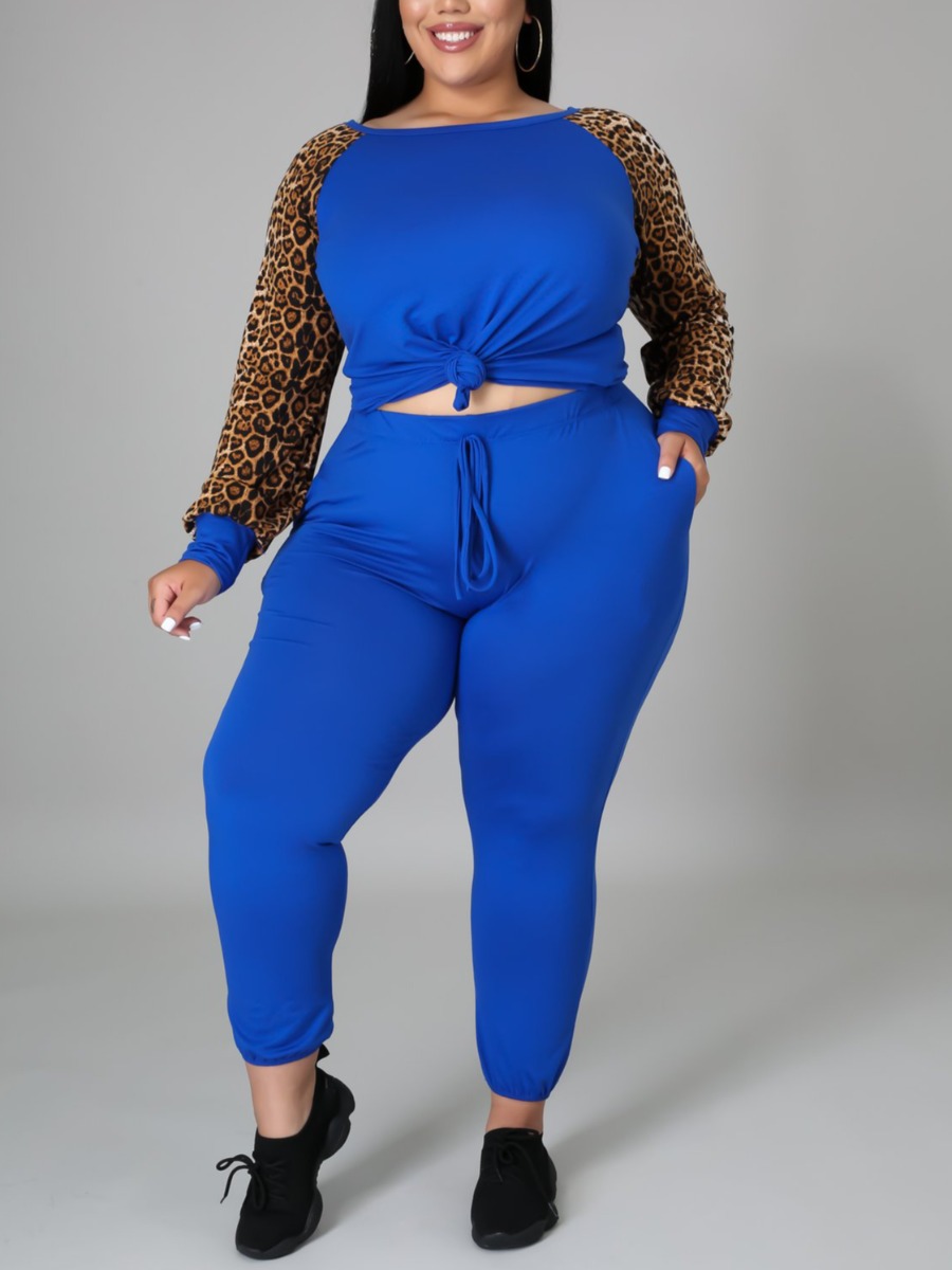 

LW Plus Size Leopard Print Drawstring Pants Set, Blue