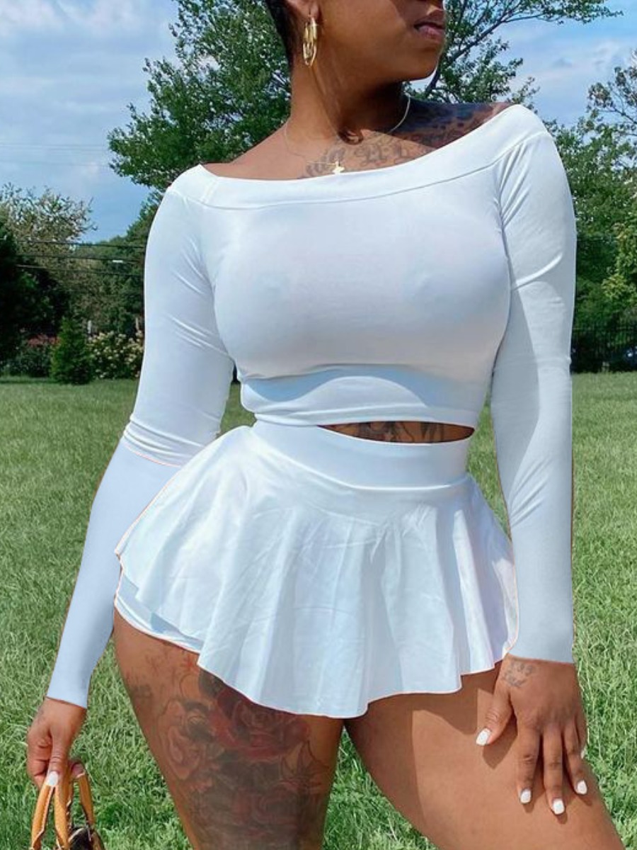 

LW Plus Size Boat Neck Flounce Design Shorts Set, White
