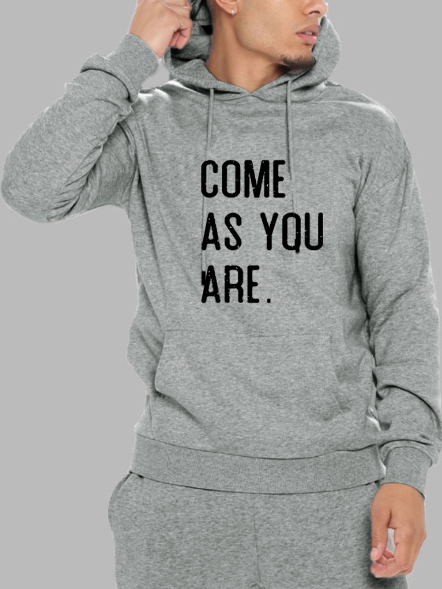 

LW Men Hooded Collar Letter Print Hoodie, Grey