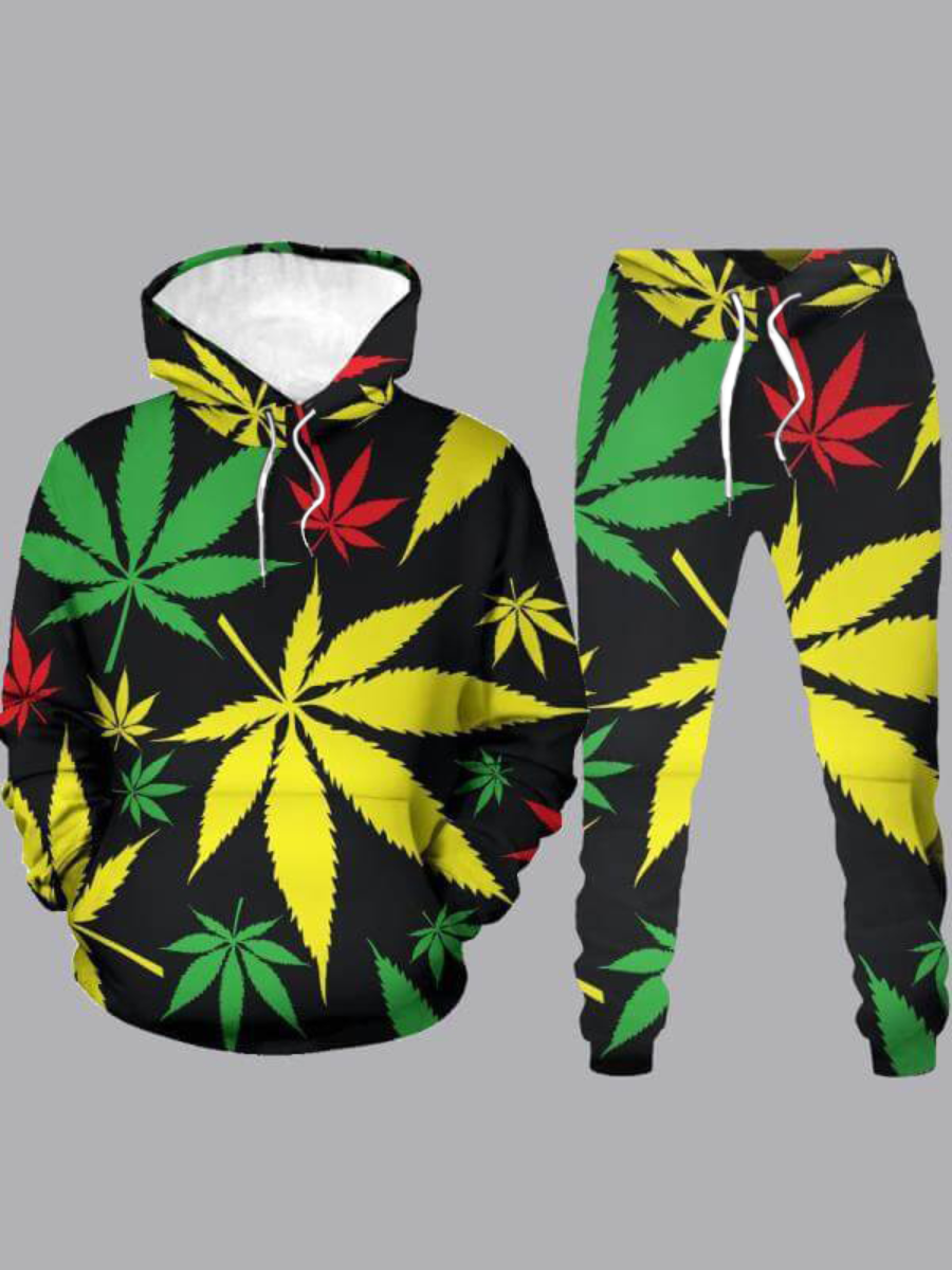 

LW Men Hooded Collar Print Pants Set, Black