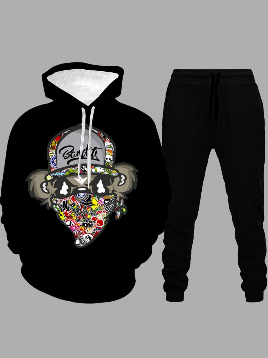 

LW Men Hooded Collar Graffiti Element Pants Set, Black