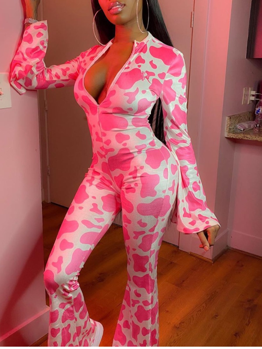

LW Cow Print Flared Jumpsuit, Pink