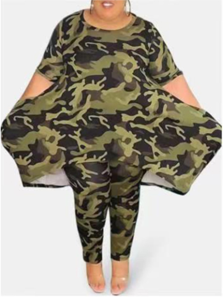 

LW Plus Size Round Neck Camo Print Pants Set, Army green camouflag