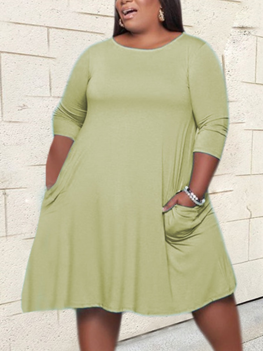 

LW Plus Size Round Neck Pocket Design A Line Dress, Light green