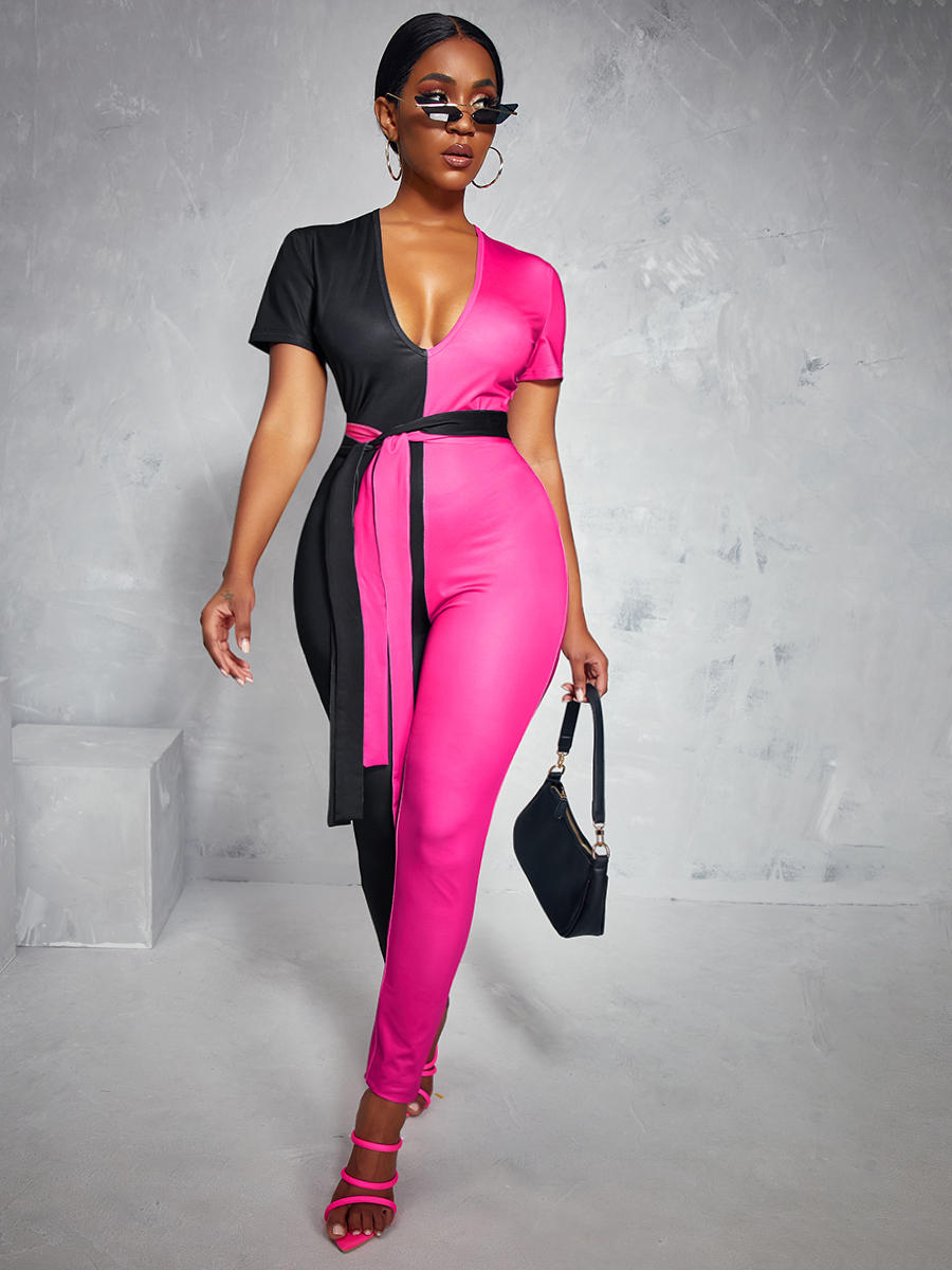 

LW Color-lump Bandage Design One-piece Jumpsuit, Black