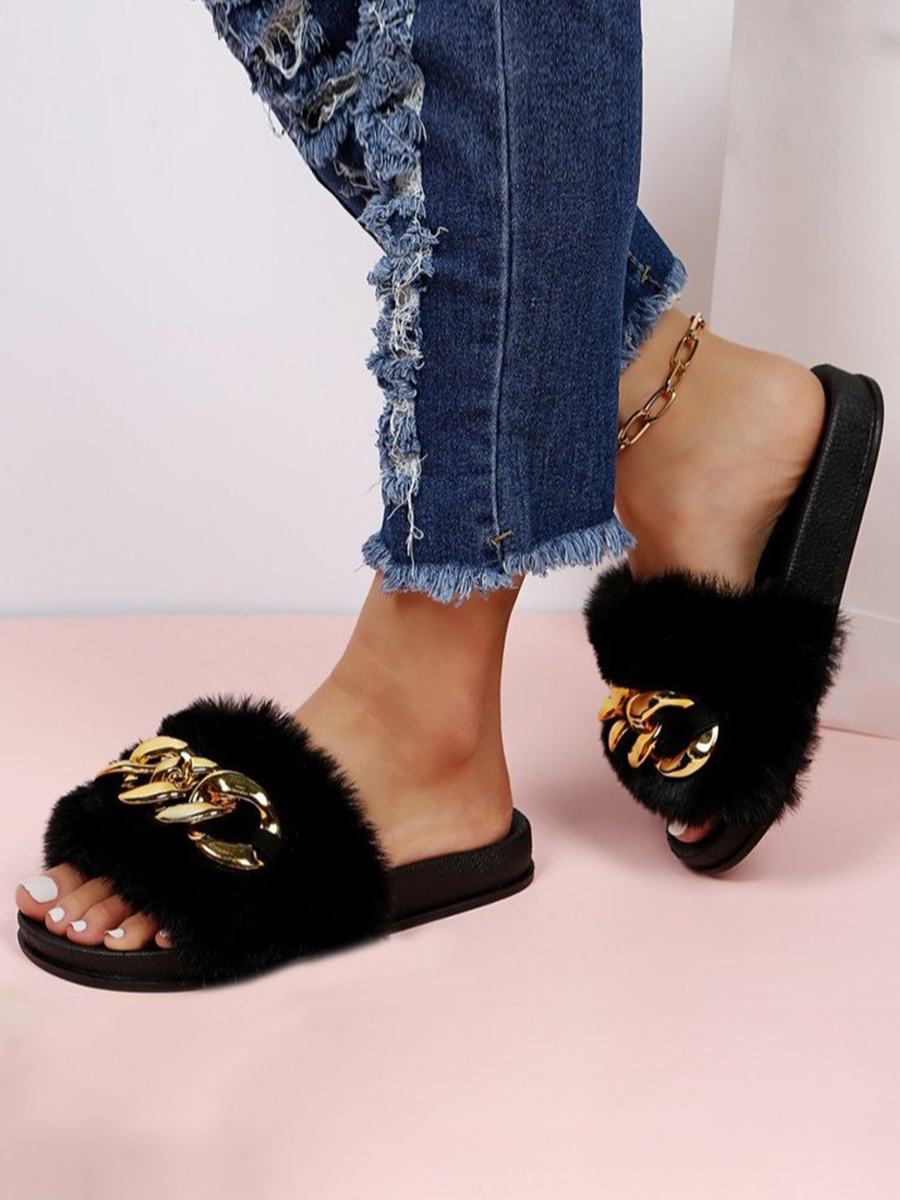 

LW Plush Chain Decoration Slipper, Black