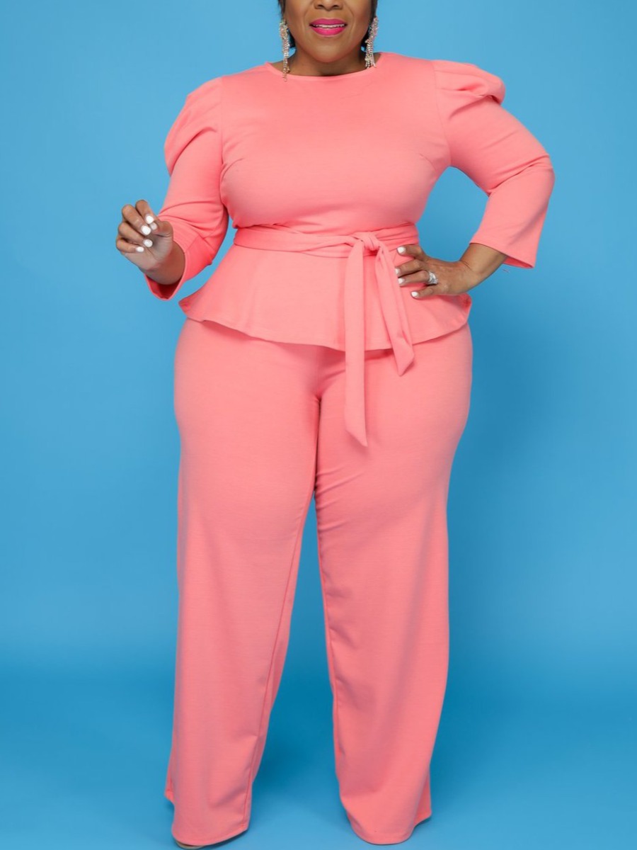 

LW Plus Size Bandage Fold Design Pants Set, Pink