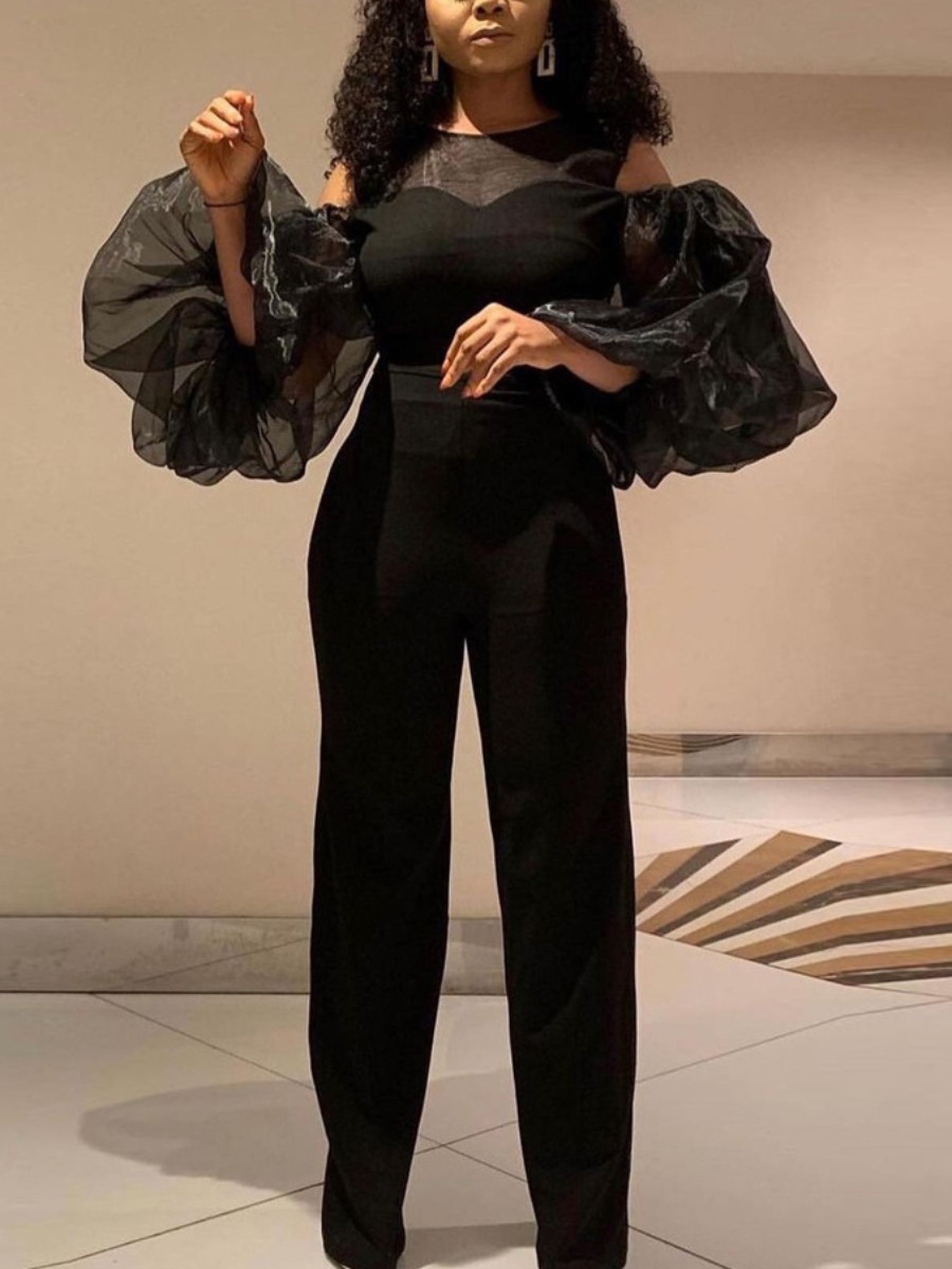 

Lovely See-through Fold Design Jumpsuit, Black