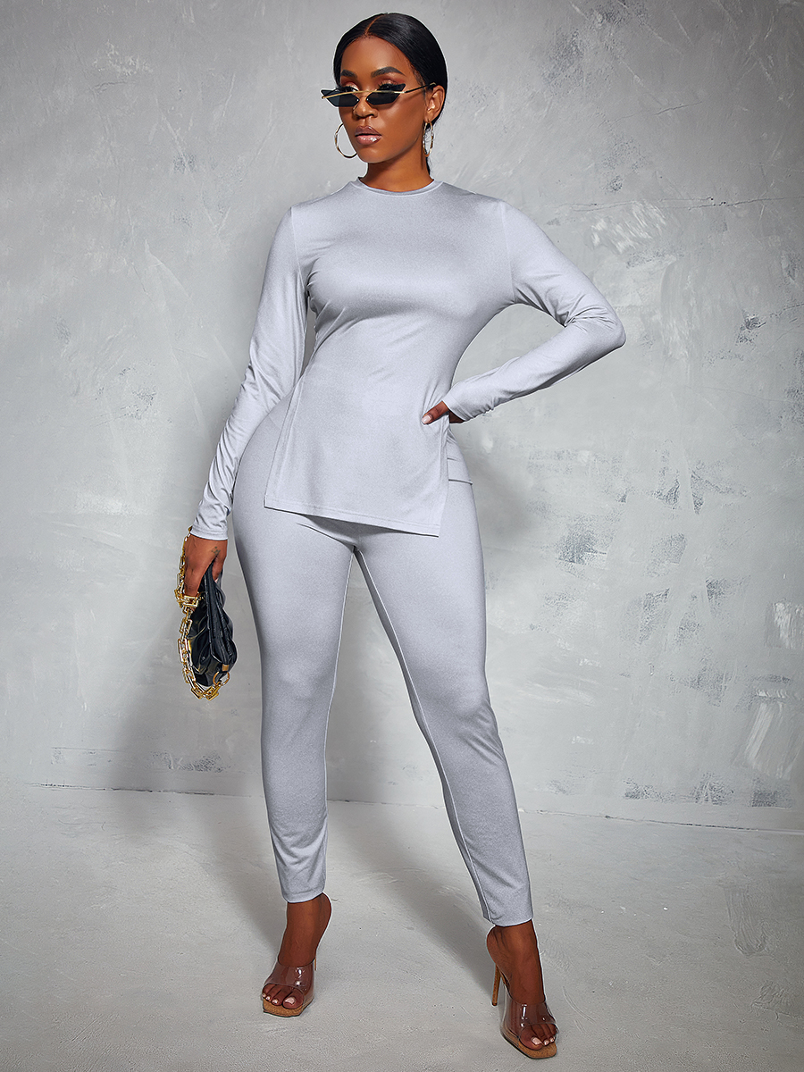 

LW Round Neck Slit Two Piece Pants Set, Light grey