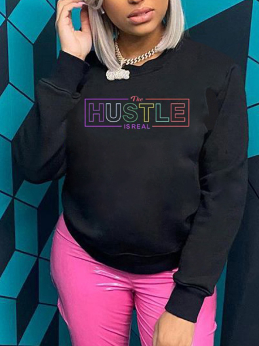 

LW Round Neck Letter Print Hoodie, Black