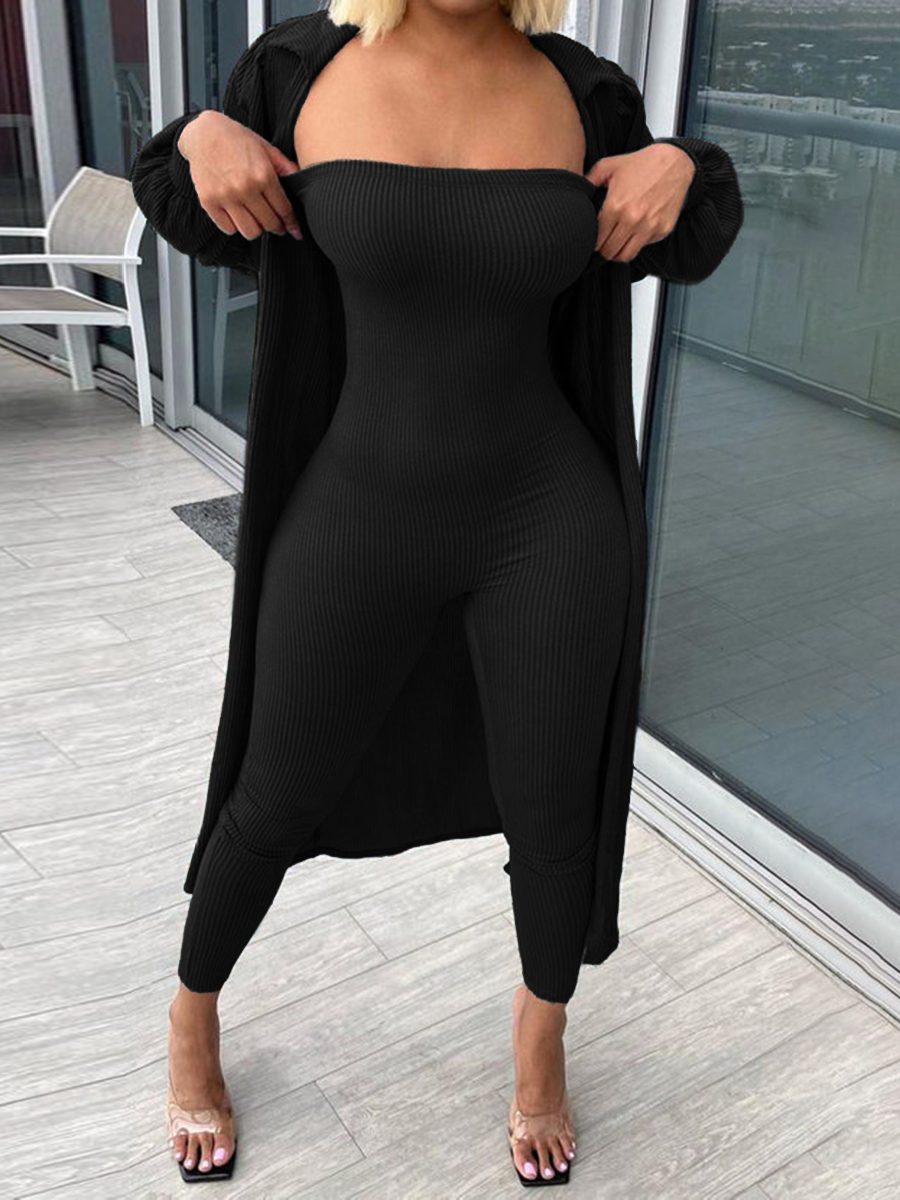 

LW Off The Shoulder Basic Skinny Jumpsuit Set (With Cardigon), Black