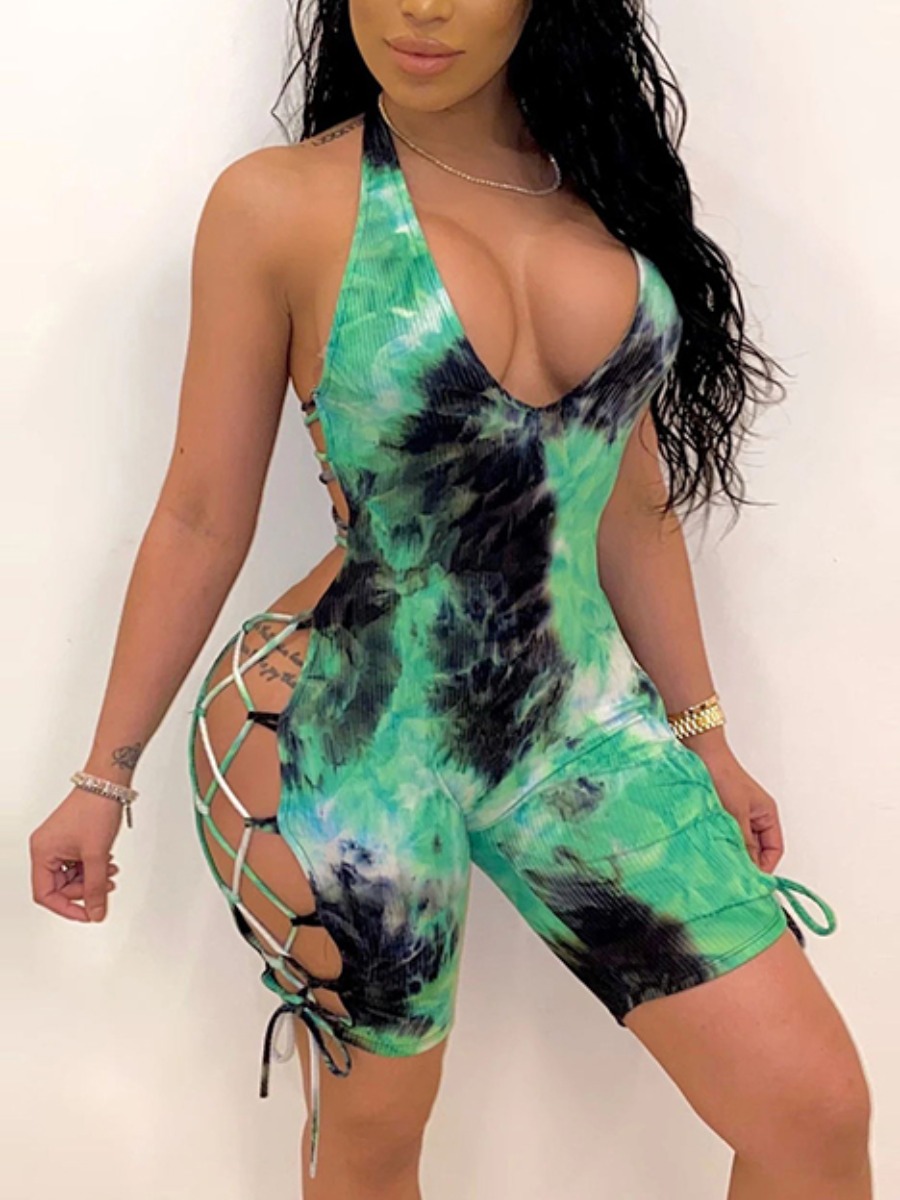 

LW SXY Tie-dye Backless Bandage Design Romper, Green