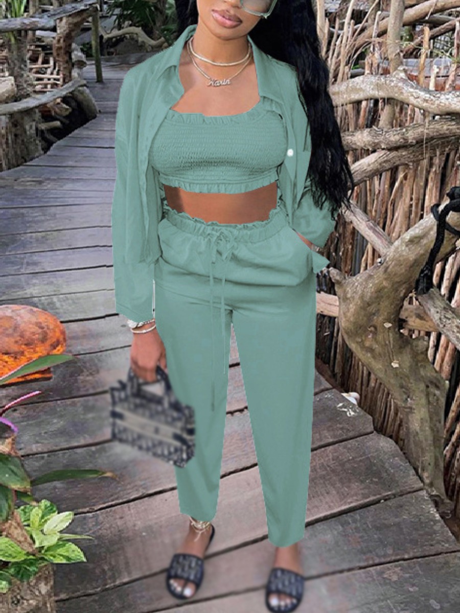

LW Shirred Drawstring Pants Set, Cyan