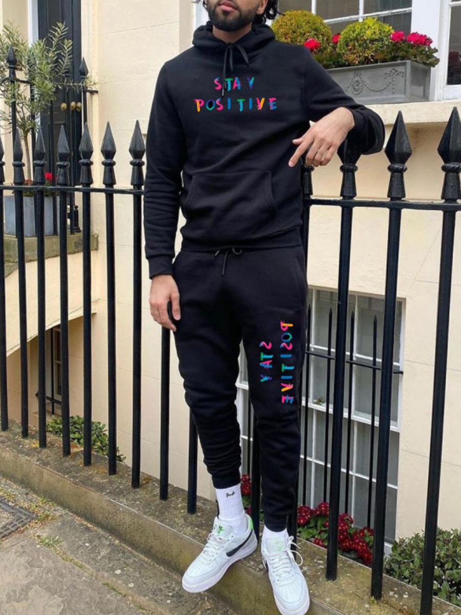 

LW Men Letter Print Kangaroo Pocket Pants Set, Black