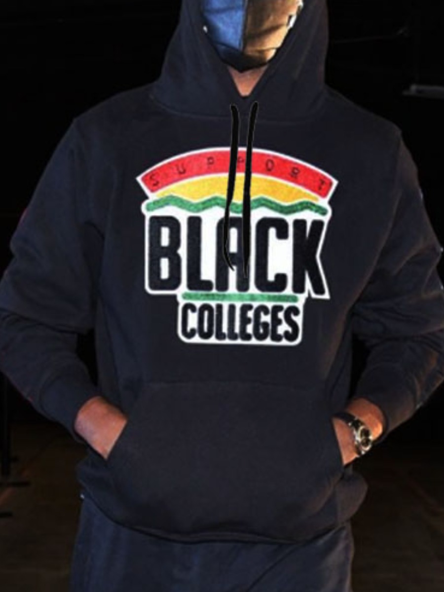 

LW Men Hooded Collar Letter Print Hoodie, Black