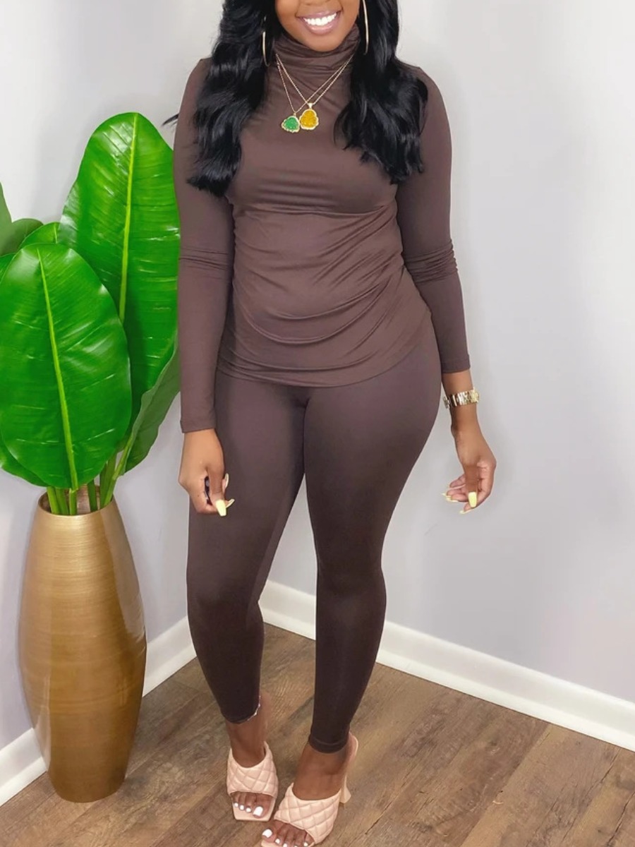 

LW BASICS Turtleneck Skinny Pants Set, Coffee