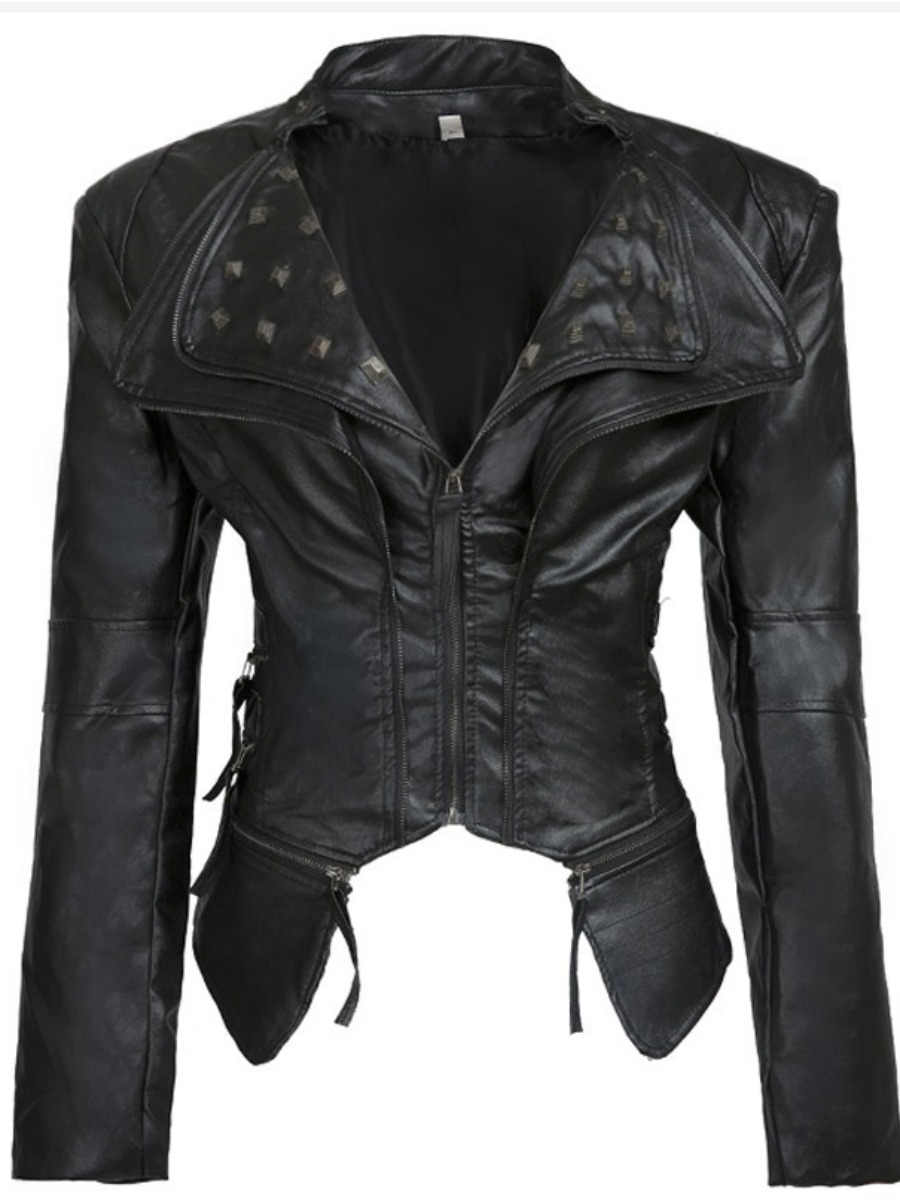 

LW Zipper Design Rivet Decoration Leather, Black