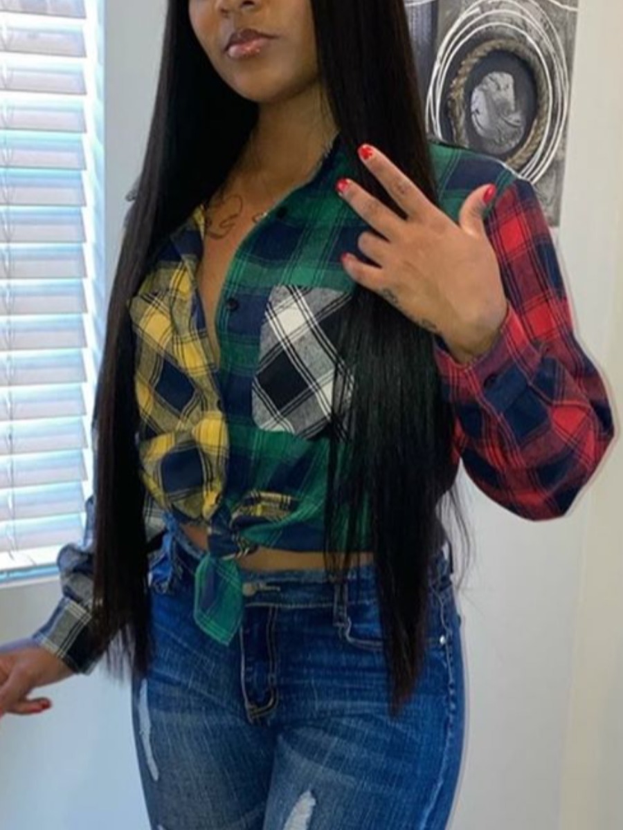 

LW BASICS Turndown Collar Plaid Print Blouse, Green