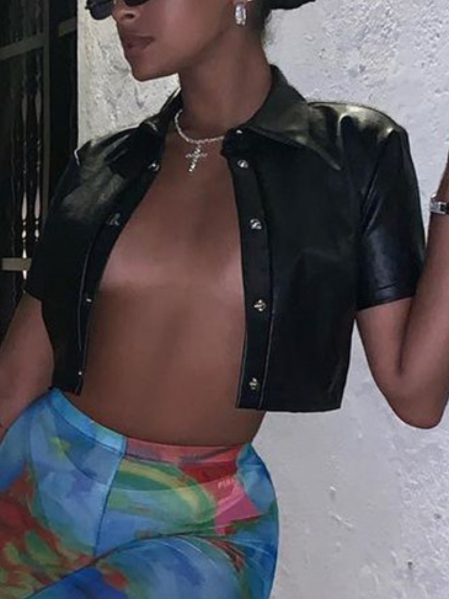 LW SXY Turndown Collar Button Design Leather Blouse