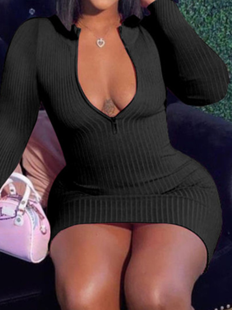 

Lovely Rib-Knit Zipper Design Bodycon Dress, Black