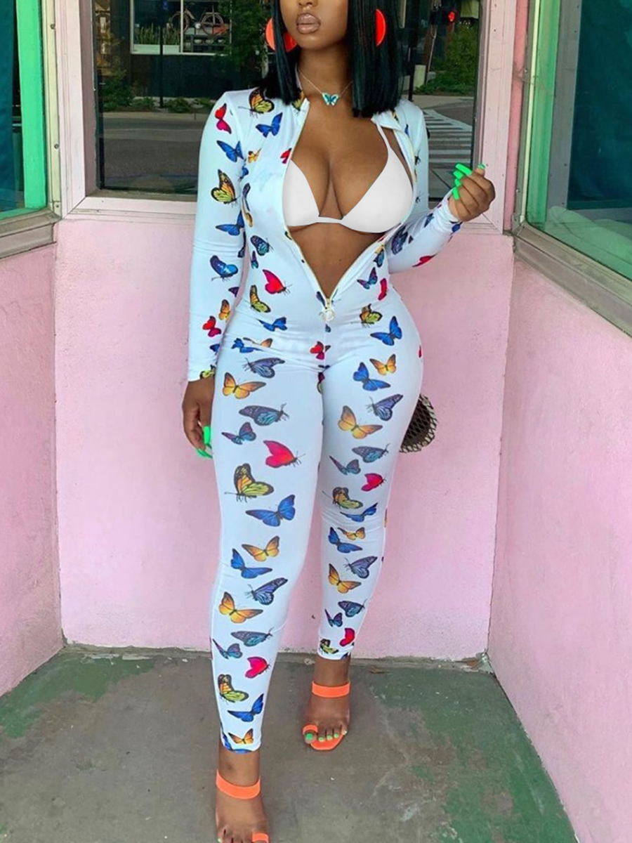 

LW Butterfly Print Basic Skinny Jumpsuit (Without Bra), White