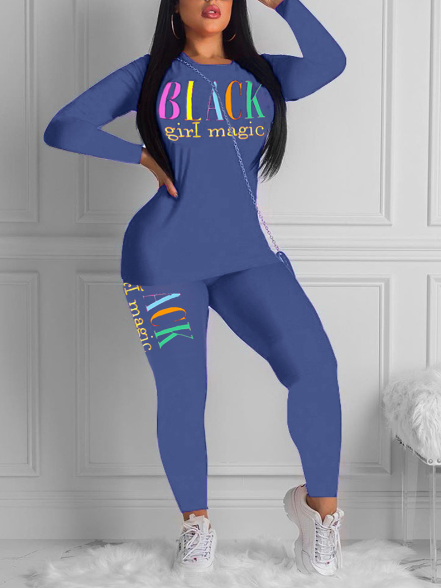 

LW BASICS Plus Size Round Neck Letter Print Pants Set, Blue