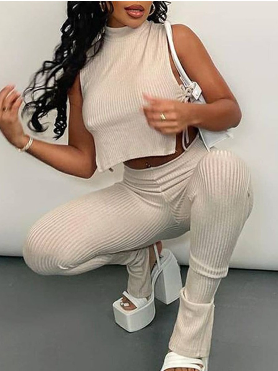 

LW Rib-Knit Bandage Design Pants Set, Apricot