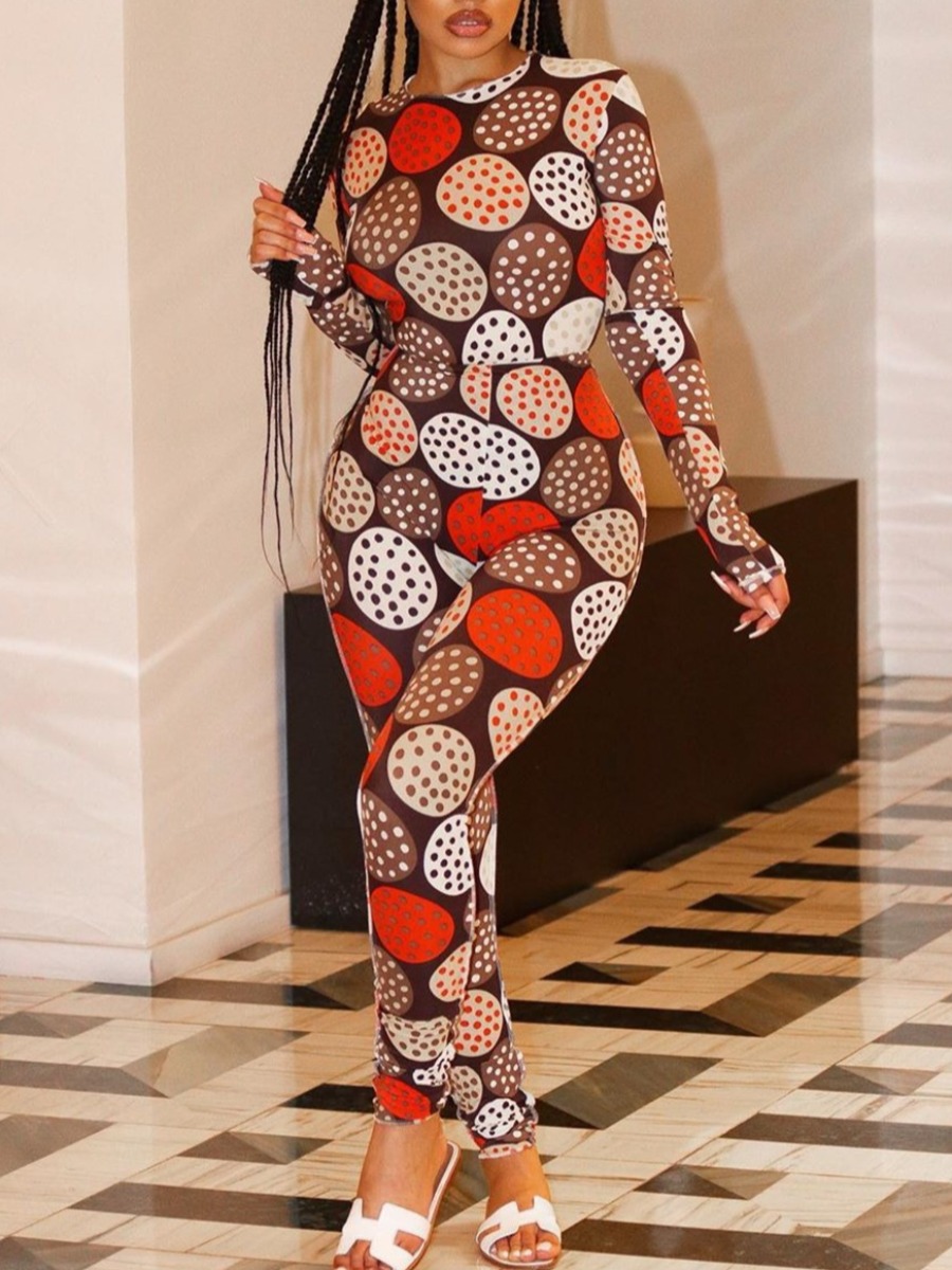 

LW Dot Print Patchwork Jumpsuit, Coffee