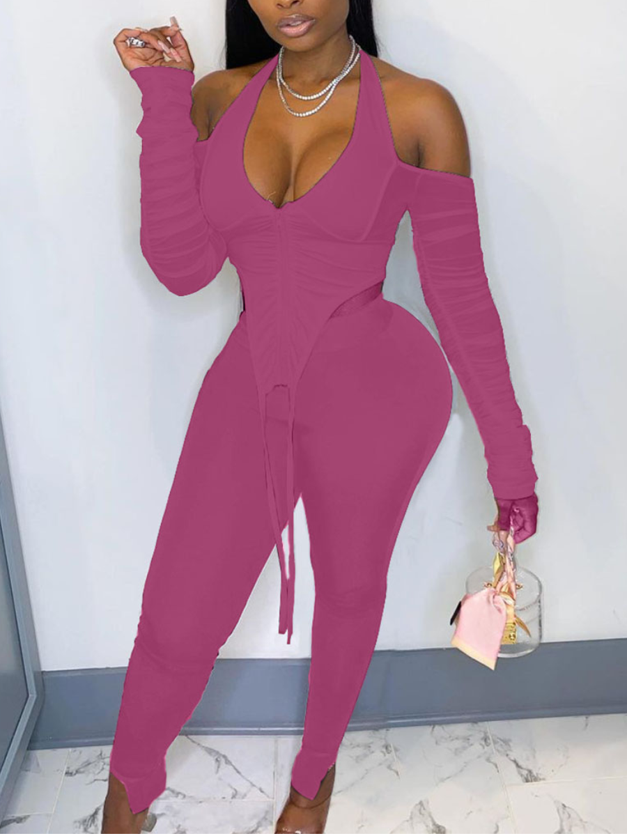 

LW Off The Shoulder Ruched Basic Skinny Pants Set, Rose red