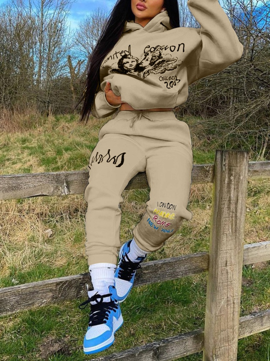 

LW Letter figure print oversized Sweatsuit Set, Khaki