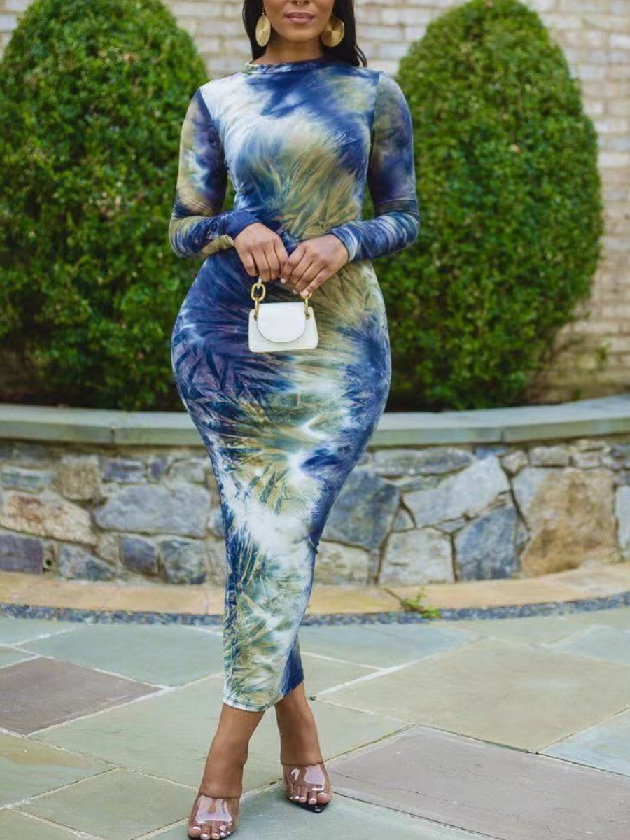 

LW Round Neck Tie-dye Bodycon Dress, Blue