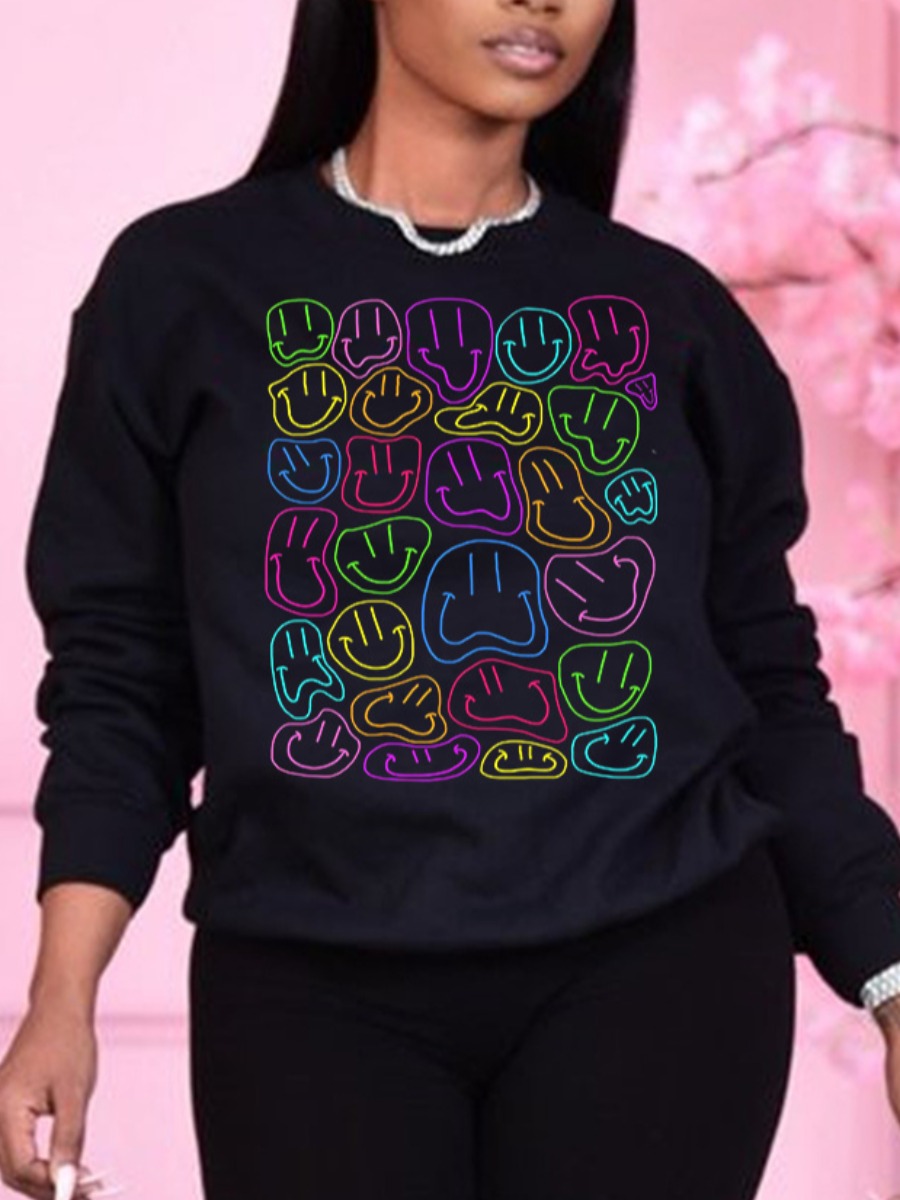 

LW Round Neck Cartoon Print Hoodie, Black