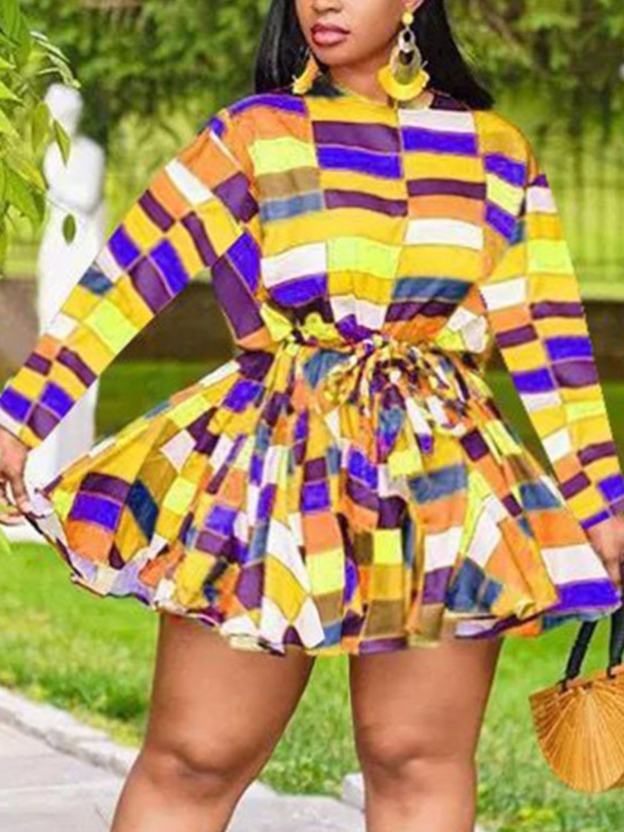 

LW Plus Size Plaid Print Bandage Design A Line Dress, Yellow