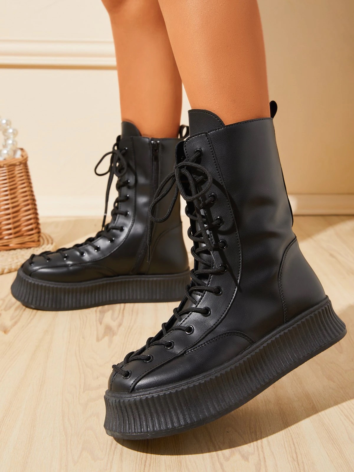 

LW Lace-up High Sole Booties, Black