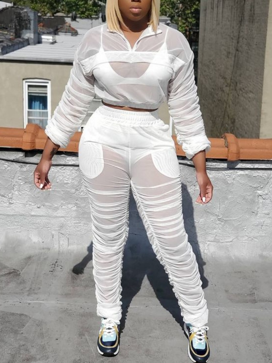 

LW BASICS Plus Size See-through Fold Design Pants Set, White