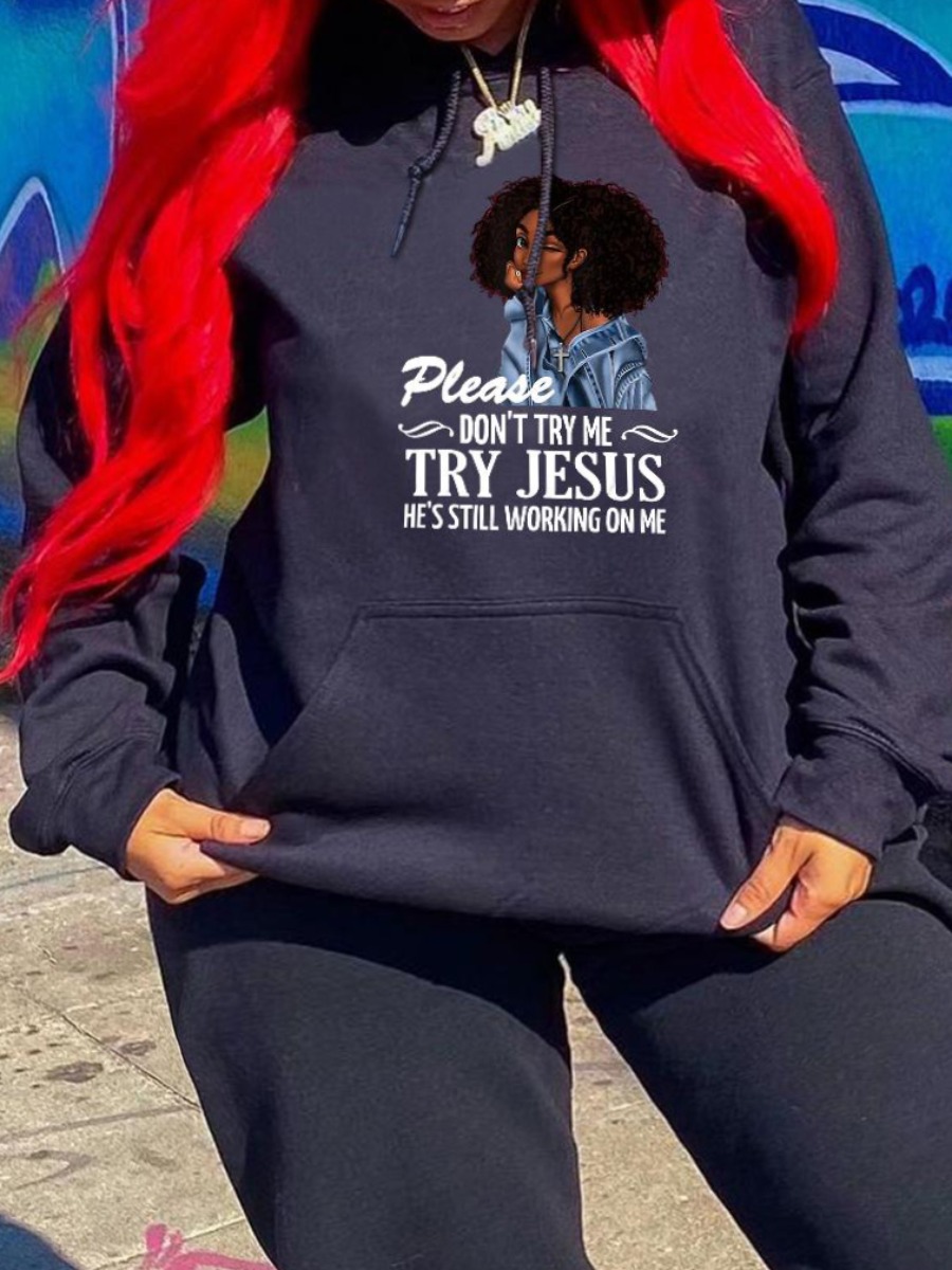 

LW Plus Size Figure Letter Print Hoodie, Black