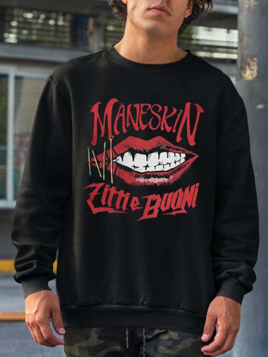 

LW Men Lip Letter Print Hoodie, Black