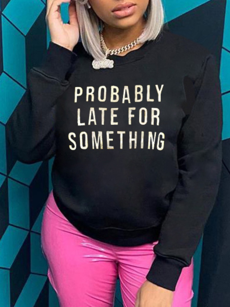 

LW Round Neck Letter Print Hoodie, Black