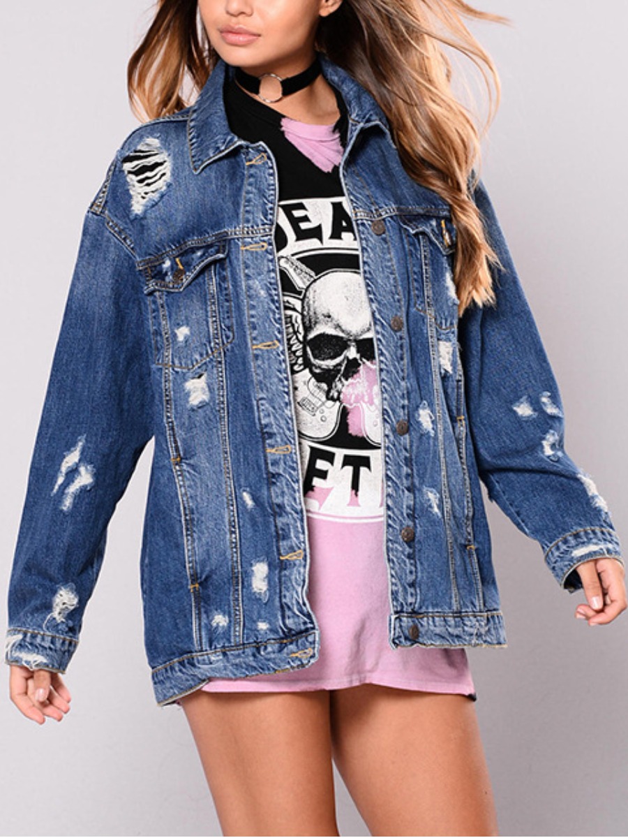 

LW Turndown Collar Stretch Ripped Denim Jacket, Blue