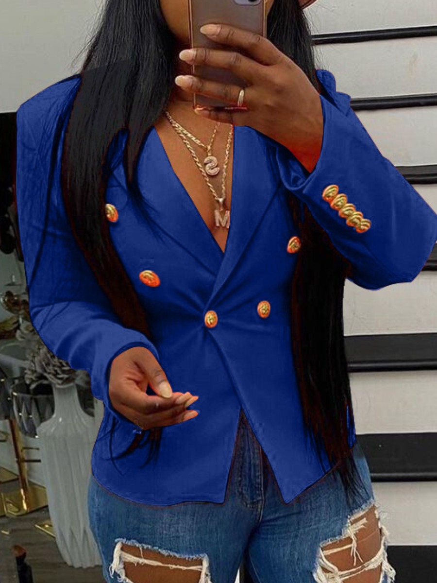 

LW Turndown Collar Button Design Blazer, Blue