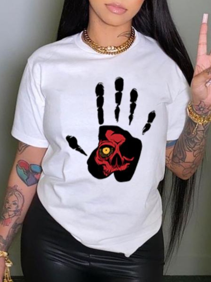 

LW BASICS Round Neck Palm Print T-shirt, White