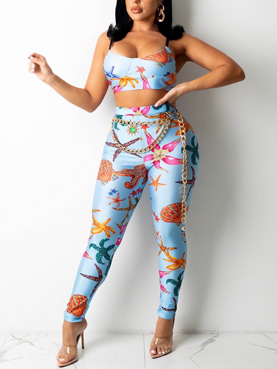 

LW Sea Animal Print Patchwork Pants Set (Witthout Waist Chain), Blue
